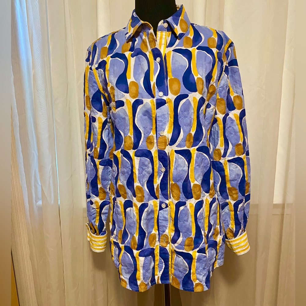 J. McLaughlin Lightweight Cotton Navy Yellow Blue Abstract Print Shirt Size S
